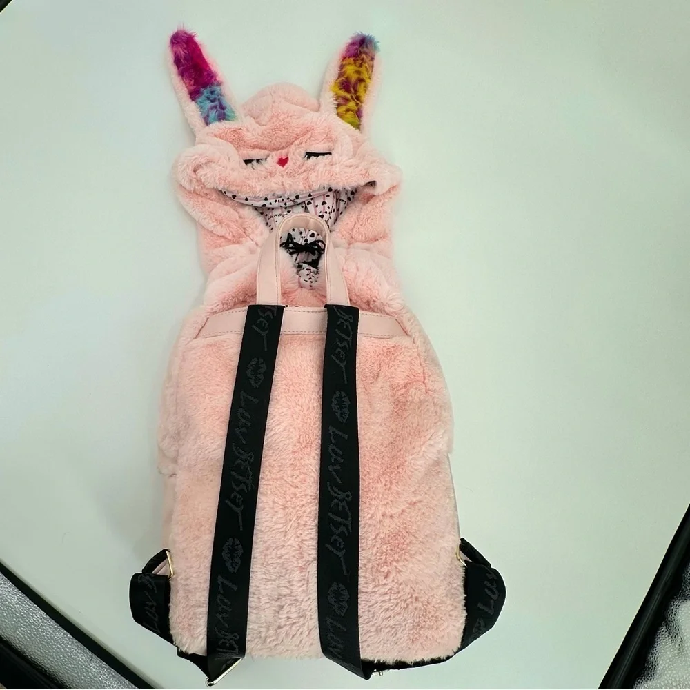 Luv Betsy by Betsy Johnson Pink Rainbow Bunny Hoodie Backpack Soft Plush